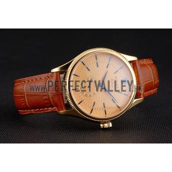 Swiss Rolex Cellini Gold Dial Blue Markings Gold Case Light Brown Leather Strap