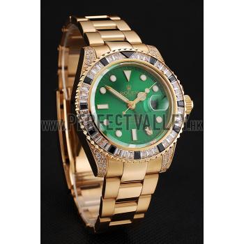 Swiss Rolex GMT Master II Green Dial Stone Set Bezel Gold Case And Bracelet  1453748