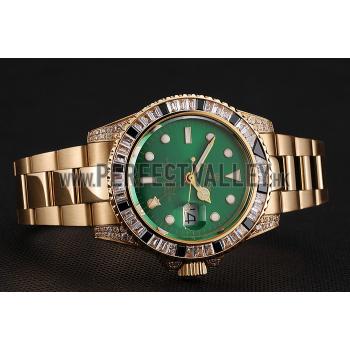 Swiss Rolex GMT Master II Green Dial Stone Set Bezel Gold Case And Bracelet  1453748