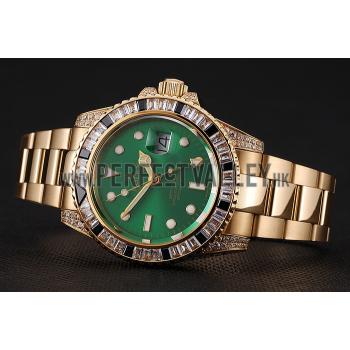 Swiss Rolex GMT Master II Green Dial Stone Set Bezel Gold Case And Bracelet  1453748