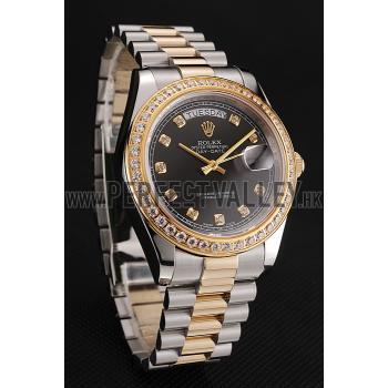 Swiss Rolex Day-Date Black Dial Gold Diamond Case Two Tone Stainless Steel Bracelet 1453975