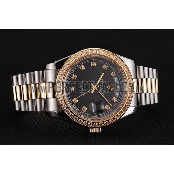 Swiss Rolex Day-Date Black Dial Gold Diamond Case Two Tone Stainless Steel Bracelet 1453975