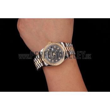 Swiss Rolex Day-Date Black Dial Gold Diamond Case Two Tone Stainless Steel Bracelet 1453975