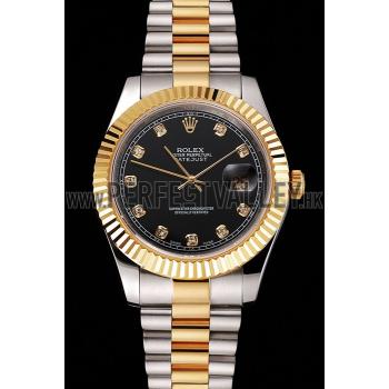 Cheap Swiss Rolex Datejust Black Dial Stainless Steel Case Gold Bezel Two Tone Bracelet