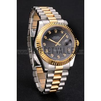 Cheap Swiss Rolex Datejust Black Dial Stainless Steel Case Gold Bezel Two Tone Bracelet