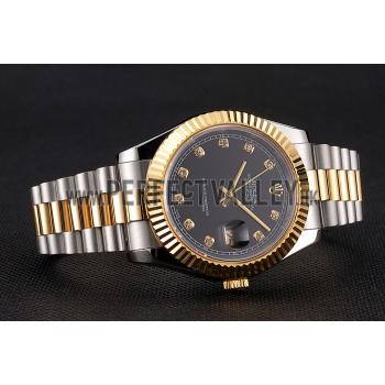 Cheap Swiss Rolex Datejust Black Dial Stainless Steel Case Gold Bezel Two Tone Bracelet