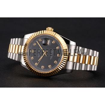 Cheap Swiss Rolex Datejust Black Dial Stainless Steel Case Gold Bezel Two Tone Bracelet