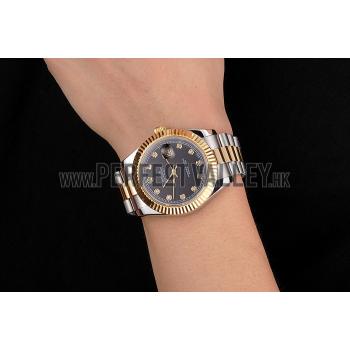 Cheap Swiss Rolex Datejust Black Dial Stainless Steel Case Gold Bezel Two Tone Bracelet