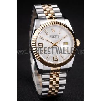 Replica Rolex DateJust Two Tone Stainless Steel 18k Gold Plated Silver Dial 98084