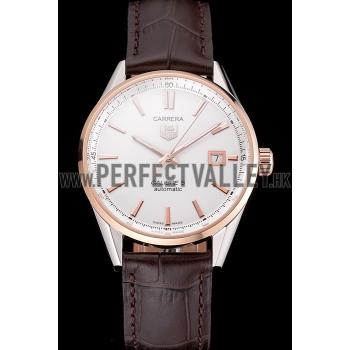 Swiss Tag Heuer Carrera Calibre 5 White Dial Rose Gold Case Brown Leather Strap