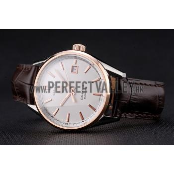 Swiss Tag Heuer Carrera Calibre 5 White Dial Rose Gold Case Brown Leather Strap