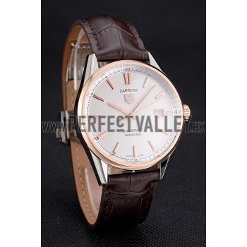 Swiss Tag Heuer Carrera Calibre 5 White Dial Rose Gold Case Brown Leather Strap