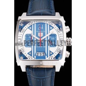 Tag Heuer Monaco 24 Calibre 36 Chronograph Blue And Grey Stripes Dial Blue Leather Strap 622273