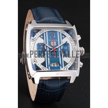 Tag Heuer Monaco 24 Calibre 36 Chronograph Blue And Grey Stripes Dial Blue Leather Strap 622273