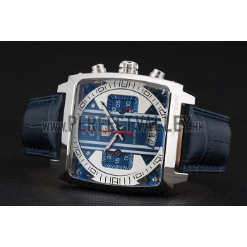 Tag Heuer Monaco 24 Calibre 36 Chronograph Blue And Grey Stripes Dial Blue Leather Strap 622273