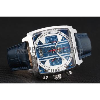 Tag Heuer Monaco 24 Calibre 36 Chronograph Blue And Grey Stripes Dial Blue Leather Strap 622273