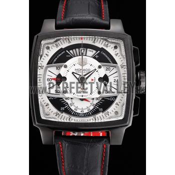 Tag Heuer Monaco Black-Red Perforated Leather Strap White Dial 80307