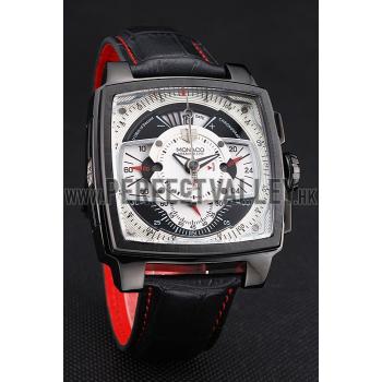 Tag Heuer Monaco Black-Red Perforated Leather Strap White Dial 80307