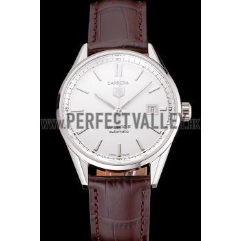 Swiss Tag Heuer Carrera Calibre 5 Silver Dial Stainless Steel Case Brown Leather Strap Replica