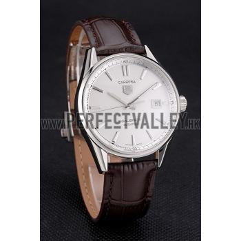 Swiss Tag Heuer Carrera Calibre 5 Silver Dial Stainless Steel Case Brown Leather Strap Replica