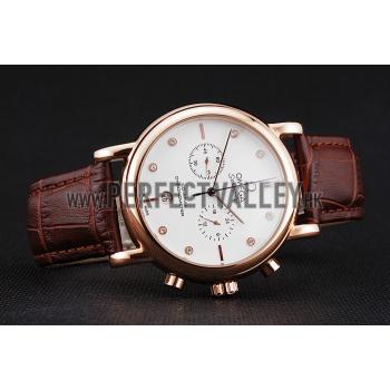 Omega Seamaster Vintage Chronograph White Dial Diamond Hour Marks Rose Gold Case Brown Leather Strap