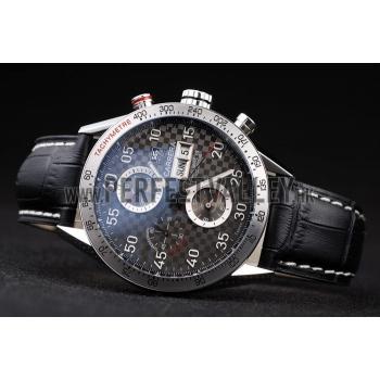 Tag Heuer Swiss Carrera Tachymeter Bezel Black Leather Strap Checkered Brown Dial