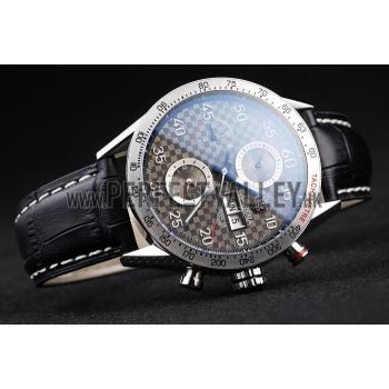 Tag Heuer Swiss Carrera Tachymeter Bezel Black Leather Strap Checkered Brown Dial