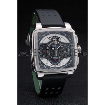 Cheap Tag Heuer Monaco Black-Green Perforated Leather Strap Black Dial 80308