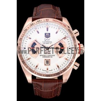 Replica Tag Heuer Carrera Rose Gold Case White Dial Brown Leather Strap 98245