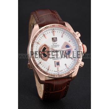 Replica Tag Heuer Carrera Rose Gold Case White Dial Brown Leather Strap 98245