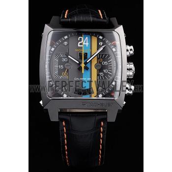 Tag Heuer Swiss Monaco Black Leather Strap Blue-Yellow Striped Black Dial