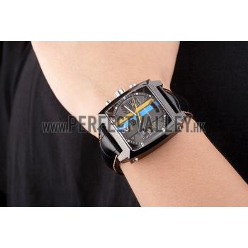 Tag Heuer Swiss Monaco Black Leather Strap Blue-Yellow Striped Black Dial