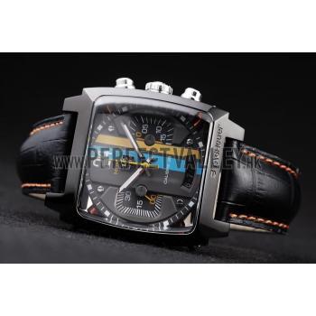 Tag Heuer Swiss Monaco Black Leather Strap Blue-Yellow Striped Black Dial