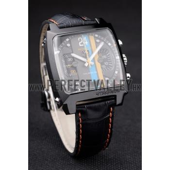 Tag Heuer Swiss Monaco Black Leather Strap Blue-Yellow Striped Black Dial