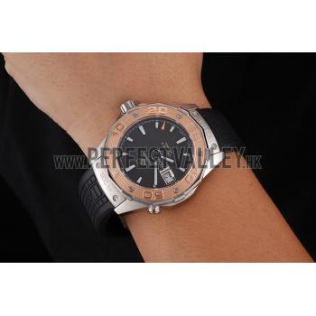 Swiss Tag Heuer Aquaracer Calibre 5 Black Dial Gold Bezel Stainless Steel Case Black Rubber Strap