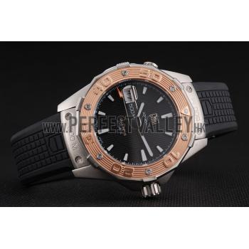 Swiss Tag Heuer Aquaracer Calibre 5 Black Dial Gold Bezel Stainless Steel Case Black Rubber Strap