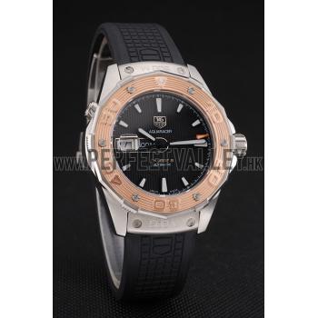 Swiss Tag Heuer Aquaracer Calibre 5 Black Dial Gold Bezel Stainless Steel Case Black Rubber Strap