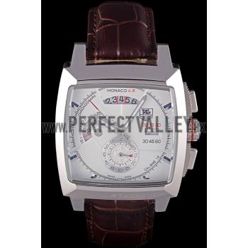 Replica Tag Heuer Monaco Brushed Stainless Steel Case White Dial Brown Leather Strap 98173