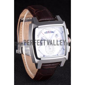 Replica Tag Heuer Monaco Brushed Stainless Steel Case White Dial Brown Leather Strap 98173