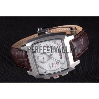 Replica Tag Heuer Monaco Brushed Stainless Steel Case White Dial Brown Leather Strap 98173