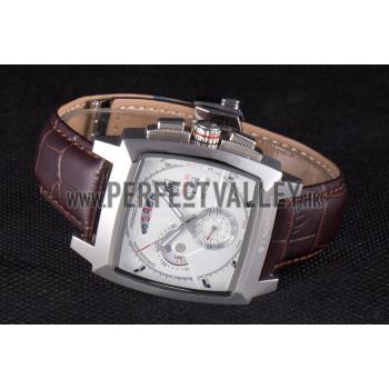 Replica Tag Heuer Monaco Brushed Stainless Steel Case White Dial Brown Leather Strap 98173