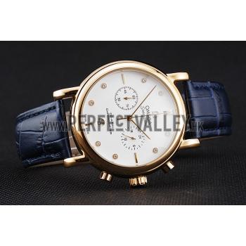 Omega Seamaster Vintage Chronograph White Dial Diamond Hour Marks Gold Case Blue Leather Strap