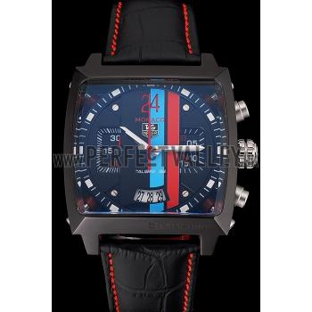 Tag Heuer Monaco Calibre 36 Blue And Red Dial Stripes Dial Black Leather Strap 622272 Replica