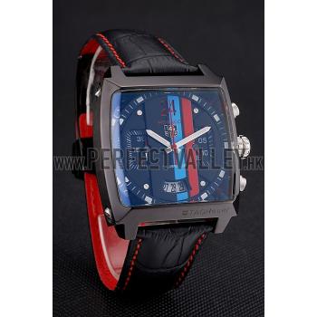 Tag Heuer Monaco Calibre 36 Blue And Red Dial Stripes Dial Black Leather Strap 622272 Replica