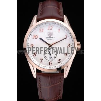 Tag Heuer Carerra Calibre 6 White Dial Red Numbers Brown Leather Band  622161