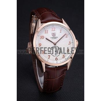 Tag Heuer Carerra Calibre 6 White Dial Red Numbers Brown Leather Band  622161