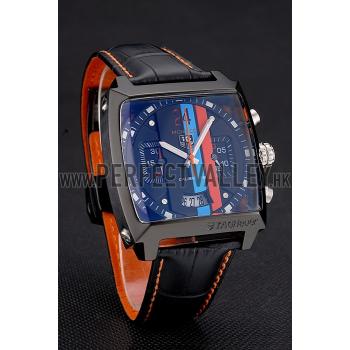 Tag Heuer Monaco Calibre 36 Blue And Orange Stripes Dial Black Leather Strap 622302