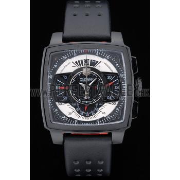 Cheap Tag Heuer Monaco Black-Red Perforated Leather Strap Black Dial 80309