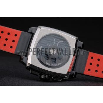 Cheap Tag Heuer Monaco Black-Red Perforated Leather Strap Black Dial 80309