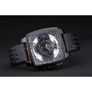 Cheap Tag Heuer Monaco Black-Red Perforated Leather Strap Black Dial 80309